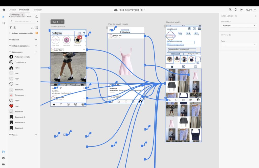 photo d'écran du plan de travail avec les liens interactifs dans le logiciel Adobe XD