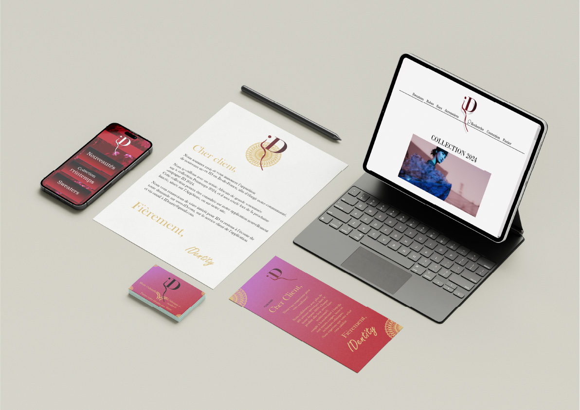 Mockup du logo d'ID sur un téléphone, une carte de visite, deux papiers, et un PC